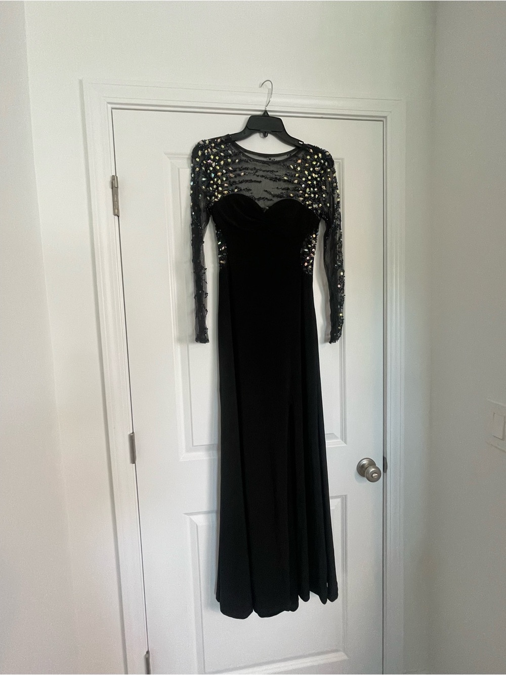 Camille La Vie Black Long-Sleeve Evening Gown with Sequin-Embellished Sheer Yoke